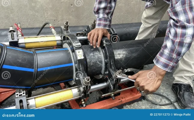 El plomero instala una máquina de soldadura hidráulica tubería para conectar tuberías agua en la fábrica